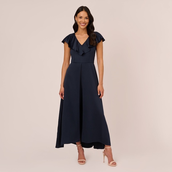 Adrianna Papell Satin Crepe Ruffled Cropped Jumpsuit In Dark Navy Size 10 - Picture 1 of 5